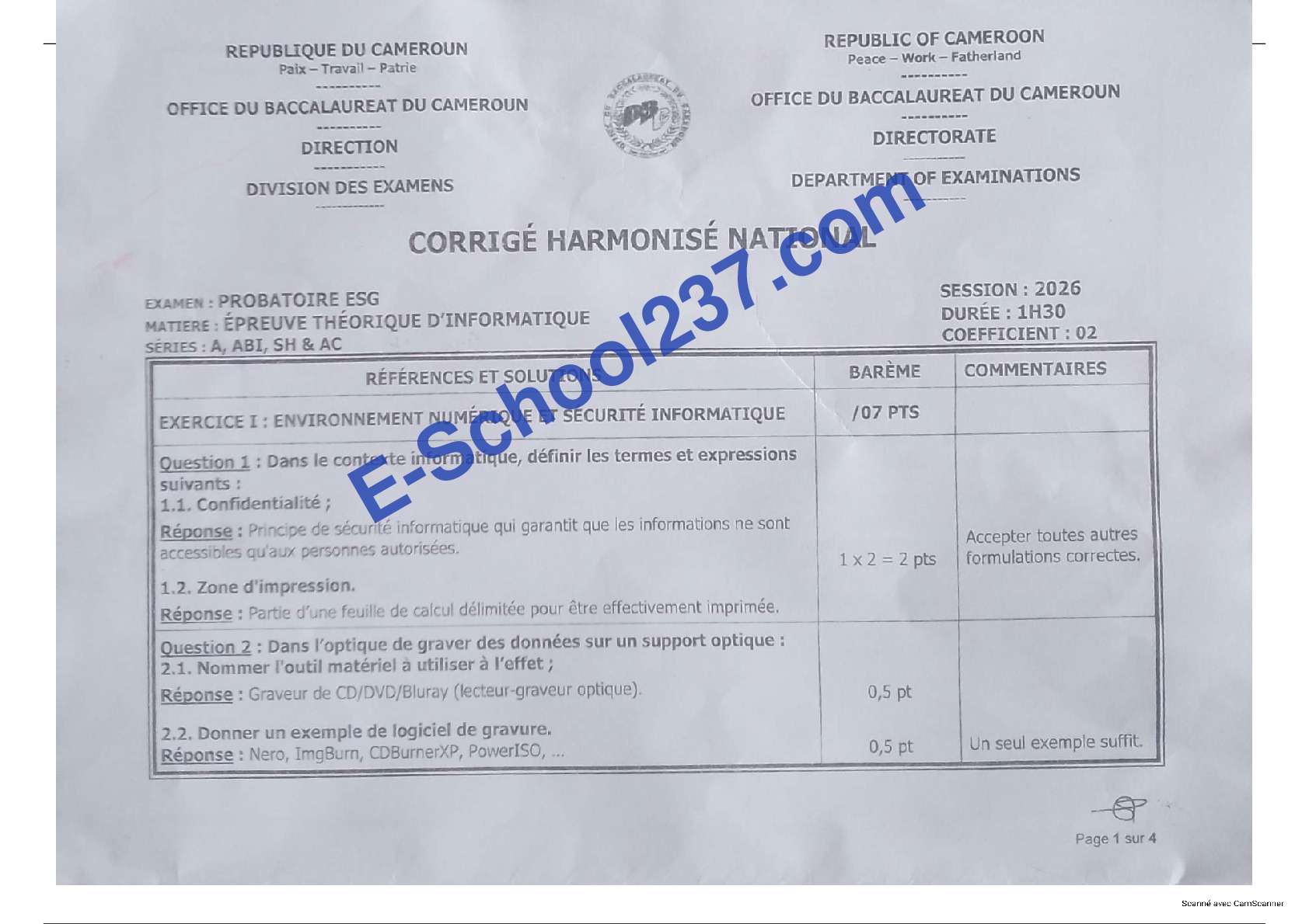 Corrigés harmonisé nationale l'épreuve d'info Probatoire A4 2026